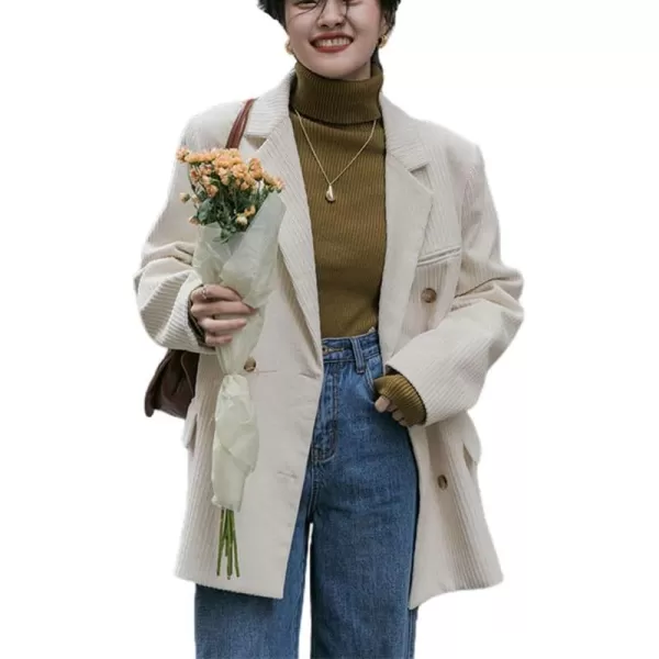chouyatou Womens Vintage Notched Collar Double Breasted Corduroy Suit Coat BlazerWhite