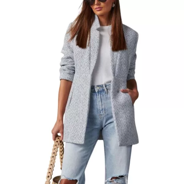 chouyatou Womens Winter Herringbone Stripes Open Front Business Casual Wool Blazer Jacket OvercoatGray White