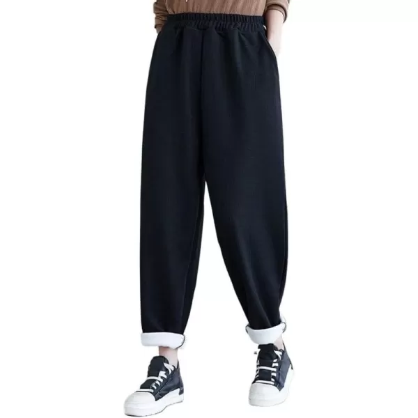 chouyatou Womens Winter Thick Fleece Lined Elastic Waist Waffle Knit Jogger Pants with PocketsBlack