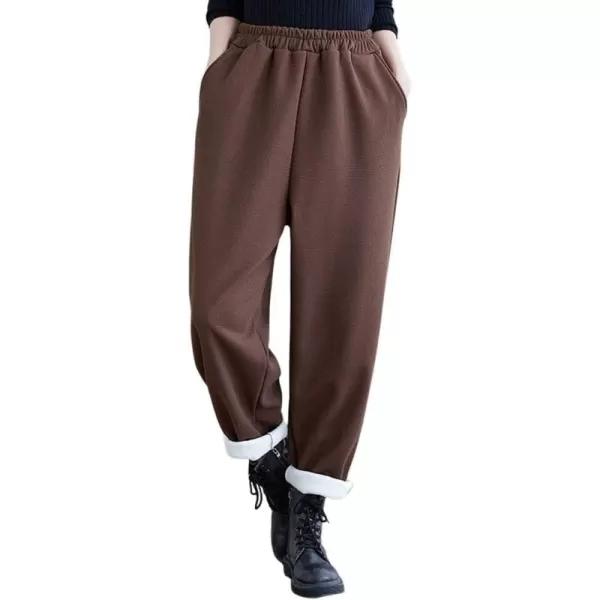 chouyatou Womens Winter Thick Fleece Lined Elastic Waist Waffle Knit Jogger Pants with PocketsCoffee