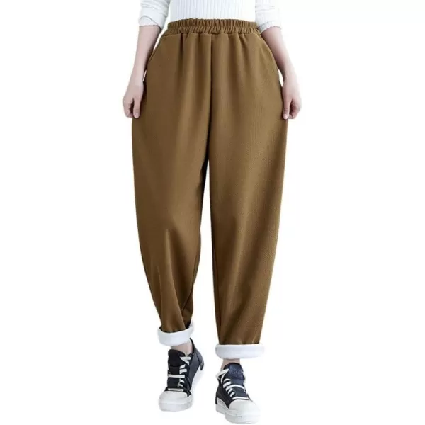 chouyatou Womens Winter Thick Fleece Lined Elastic Waist Waffle Knit Jogger Pants with PocketsTurmeric