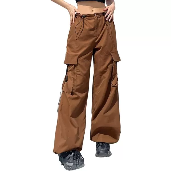 chouyatou Womens Y2K Cargo Pants MultiPocket Drawstring Closed Bottom Wide Leg Trousers SweatpantsBrown