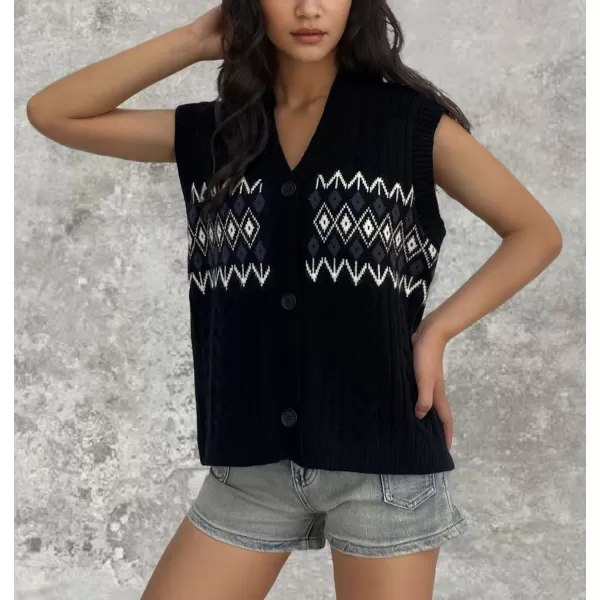 chouyatou Womens Argyle Plaid Button Up Sweater Vest 2024 Color Block Sleeveless Cable Knit Vest TopBlack
