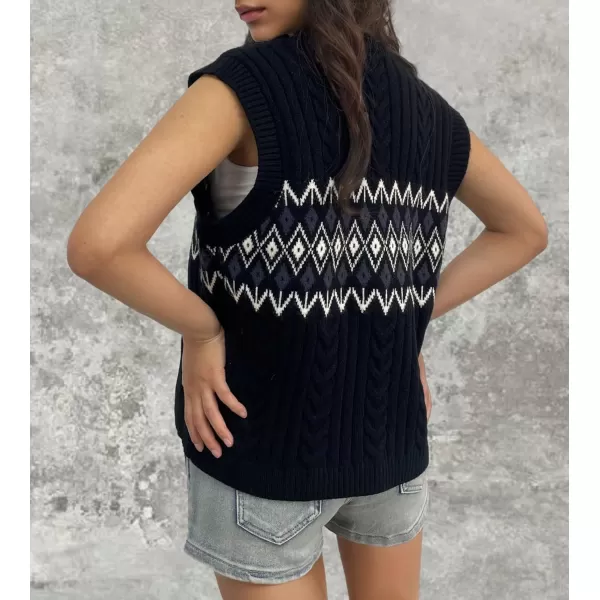 chouyatou Womens Argyle Plaid Button Up Sweater Vest 2024 Color Block Sleeveless Cable Knit Vest TopBlack