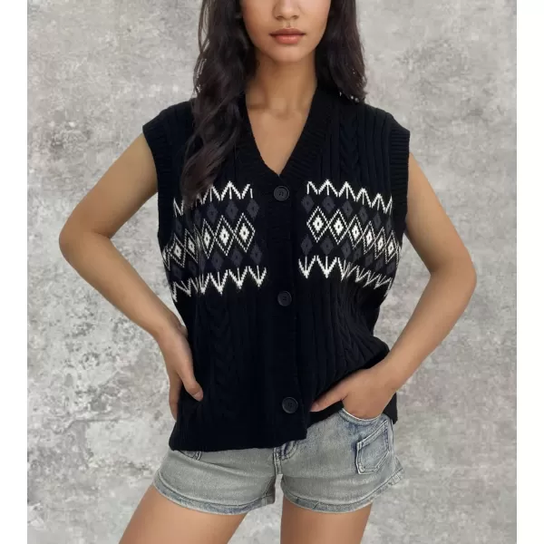 chouyatou Womens Argyle Plaid Button Up Sweater Vest 2024 Color Block Sleeveless Cable Knit Vest TopBlack