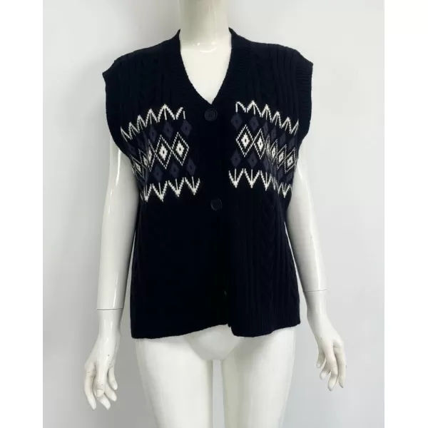 chouyatou Womens Argyle Plaid Button Up Sweater Vest 2024 Color Block Sleeveless Cable Knit Vest TopBlack