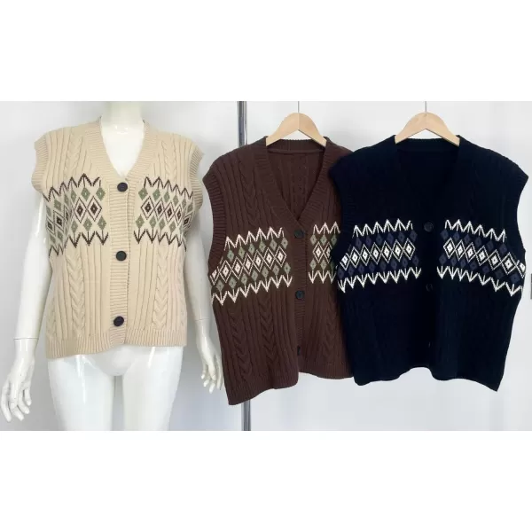 chouyatou Womens Argyle Plaid Button Up Sweater Vest 2024 Color Block Sleeveless Cable Knit Vest TopCoffee Brown