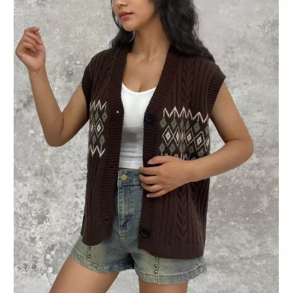 chouyatou Womens Argyle Plaid Button Up Sweater Vest 2024 Color Block Sleeveless Cable Knit Vest TopCoffee Brown