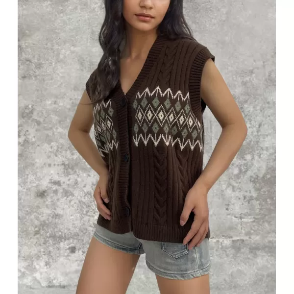 chouyatou Womens Argyle Plaid Button Up Sweater Vest 2024 Color Block Sleeveless Cable Knit Vest TopCoffee Brown