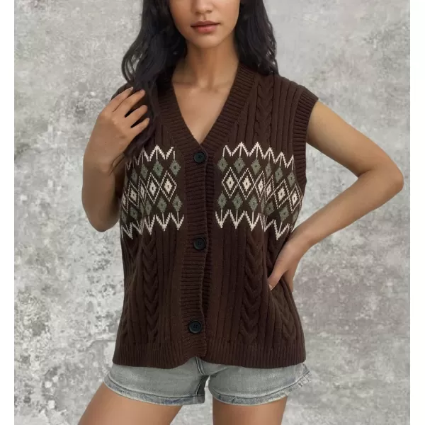 chouyatou Womens Argyle Plaid Button Up Sweater Vest 2024 Color Block Sleeveless Cable Knit Vest TopCoffee Brown