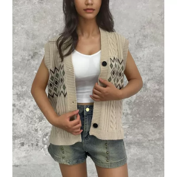 chouyatou Womens Argyle Plaid Button Up Sweater Vest 2024 Color Block Sleeveless Cable Knit Vest TopKhaki