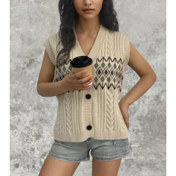 chouyatou Womens Argyle Plaid Button Up Sweater Vest 2024 Color Block Sleeveless Cable Knit Vest TopKhaki