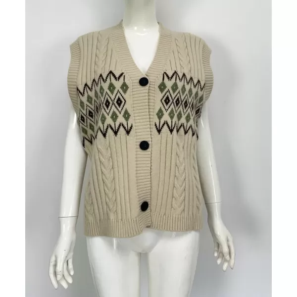 chouyatou Womens Argyle Plaid Button Up Sweater Vest 2024 Color Block Sleeveless Cable Knit Vest TopKhaki