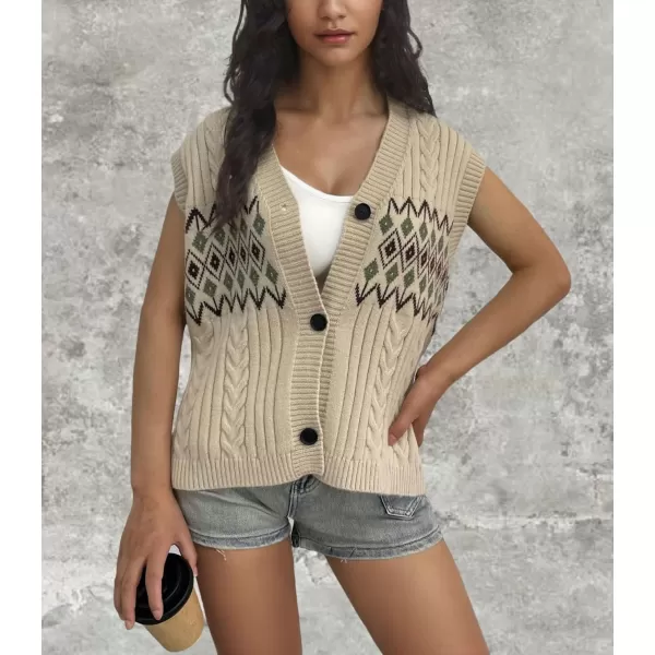 chouyatou Womens Argyle Plaid Button Up Sweater Vest 2024 Color Block Sleeveless Cable Knit Vest TopKhaki