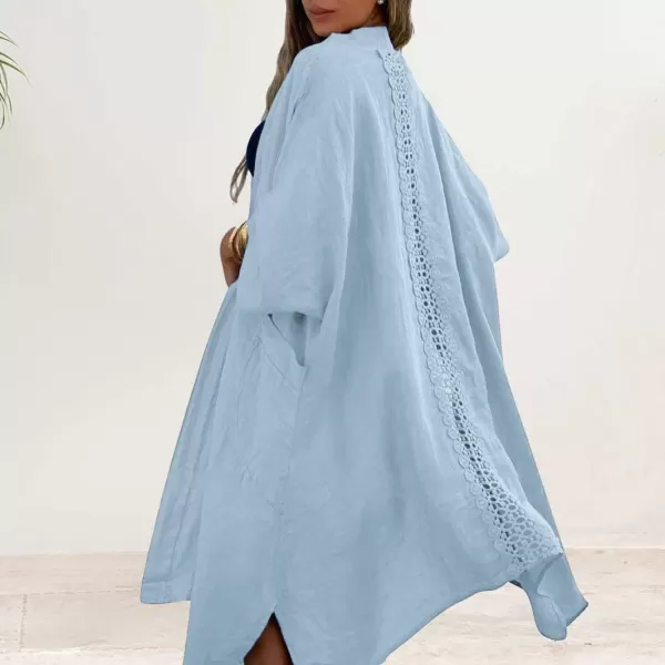 chouyatou Womens Boho Crochet Eyelet Open Front Irregular Long Cotton Beach Coverup Cardigan Shirt BlousesBlue