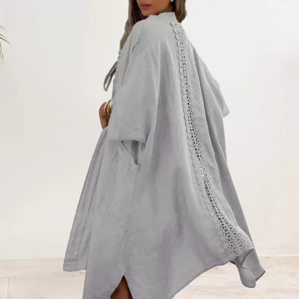 chouyatou Womens Boho Crochet Eyelet Open Front Irregular Long Cotton Beach Coverup Cardigan Shirt BlousesGray