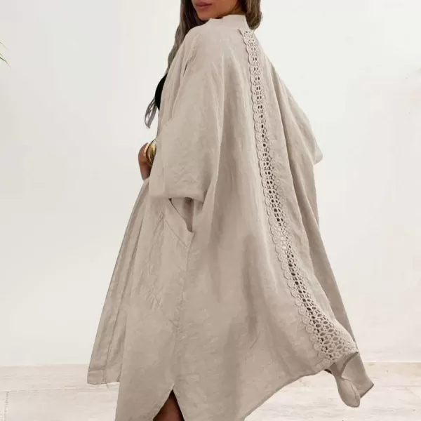 chouyatou Womens Boho Crochet Eyelet Open Front Irregular Long Cotton Beach Coverup Cardigan Shirt BlousesKhaki