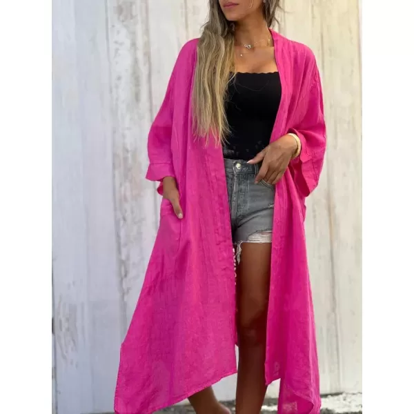 chouyatou Womens Boho Crochet Eyelet Open Front Irregular Long Cotton Beach Coverup Cardigan Shirt BlousesRose Red