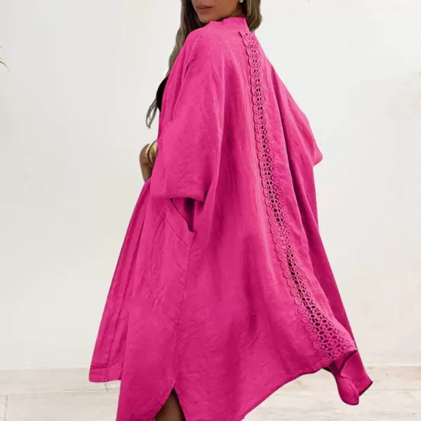 chouyatou Womens Boho Crochet Eyelet Open Front Irregular Long Cotton Beach Coverup Cardigan Shirt BlousesRose Red