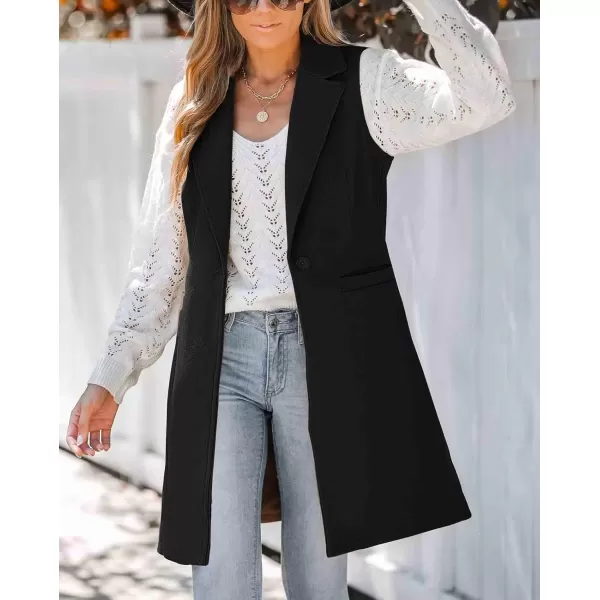chouyatou Womens Casual Notched Lapel Wool Blend Vest Western One Button Sleeveless Wool Blazer Jacket CoatBlack