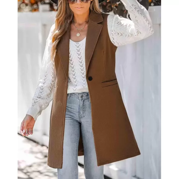 chouyatou Womens Casual Notched Lapel Wool Blend Vest Western One Button Sleeveless Wool Blazer Jacket CoatDark Brown