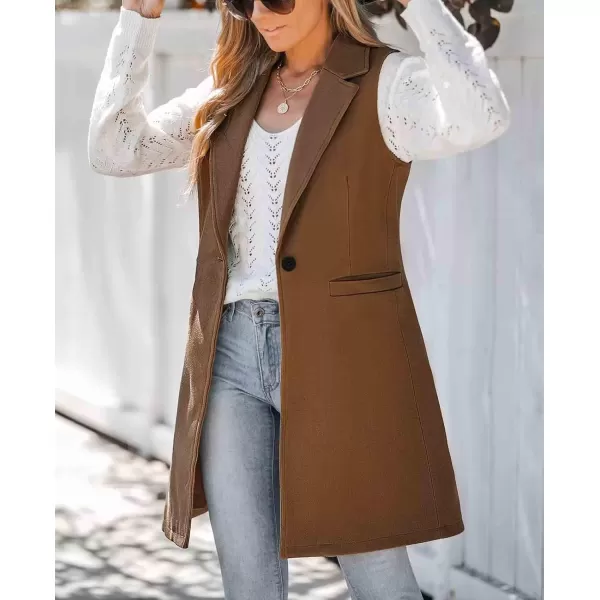 chouyatou Womens Casual Notched Lapel Wool Blend Vest Western One Button Sleeveless Wool Blazer Jacket CoatDark Brown