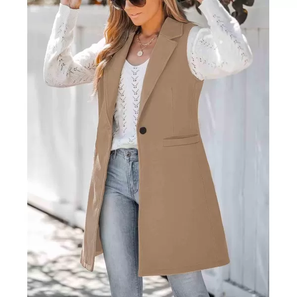 chouyatou Womens Casual Notched Lapel Wool Blend Vest Western One Button Sleeveless Wool Blazer Jacket CoatKhaki