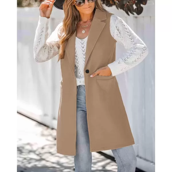 chouyatou Womens Casual Notched Lapel Wool Blend Vest Western One Button Sleeveless Wool Blazer Jacket CoatKhaki