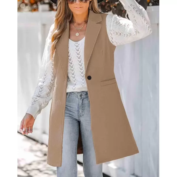 chouyatou Womens Casual Notched Lapel Wool Blend Vest Western One Button Sleeveless Wool Blazer Jacket CoatKhaki