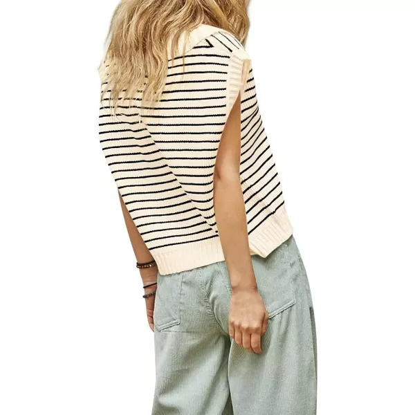 chouyatou Womens Color Block Striped Pattern Polo V Neck Collared Sleeveless Sweater Vest Tank TopsBeige