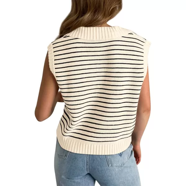 chouyatou Womens Color Block Striped Pattern Polo V Neck Collared Sleeveless Sweater Vest Tank TopsBeige