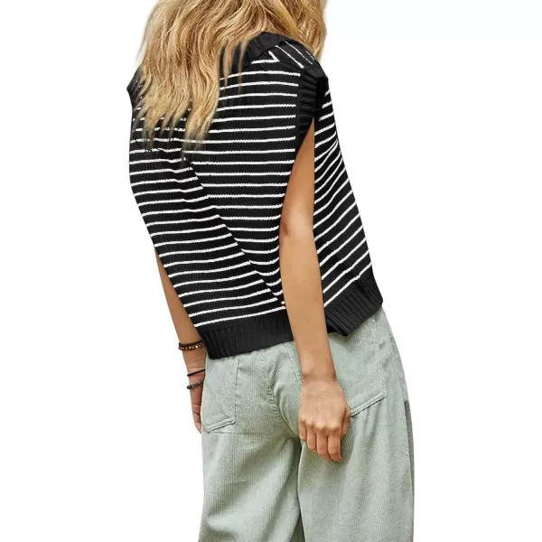 chouyatou Womens Color Block Striped Pattern Polo V Neck Collared Sleeveless Sweater Vest Tank TopsBlack