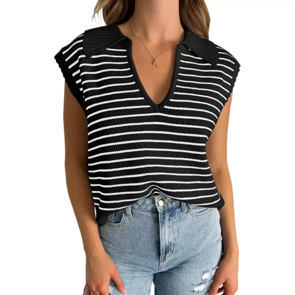 chouyatou Womens Color Block Striped Pattern Polo V Neck Collared Sleeveless Sweater Vest Tank TopsBlack