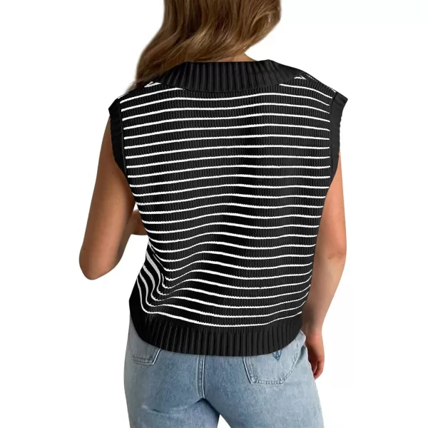 chouyatou Womens Color Block Striped Pattern Polo V Neck Collared Sleeveless Sweater Vest Tank TopsBlack