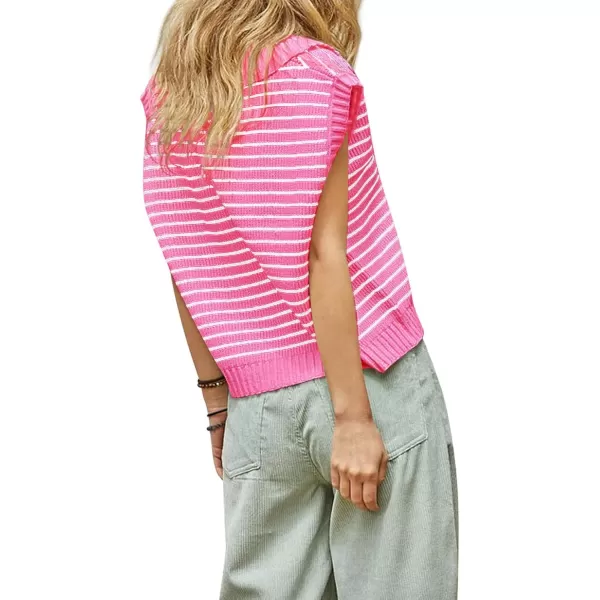chouyatou Womens Color Block Striped Pattern Polo V Neck Collared Sleeveless Sweater Vest Tank TopsRose Red