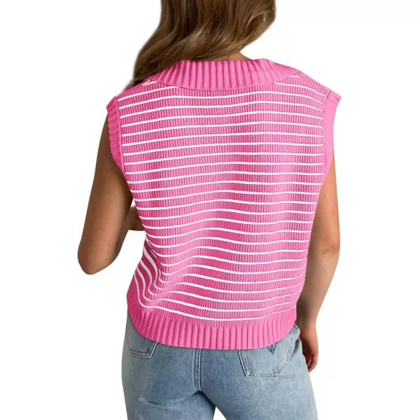 chouyatou Womens Color Block Striped Pattern Polo V Neck Collared Sleeveless Sweater Vest Tank TopsRose Red