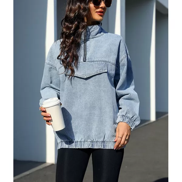 chouyatou Womens Fall Casual Half Zip Pullover Denim Sweatshirt Boyfriend Oversized Jean Jacket TopLight Blue