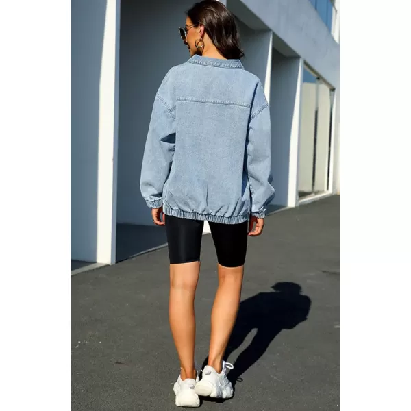 chouyatou Womens Fall Casual Half Zip Pullover Denim Sweatshirt Boyfriend Oversized Jean Jacket TopLight Blue