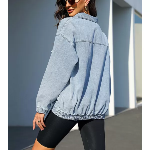 chouyatou Womens Fall Casual Half Zip Pullover Denim Sweatshirt Boyfriend Oversized Jean Jacket TopLight Blue