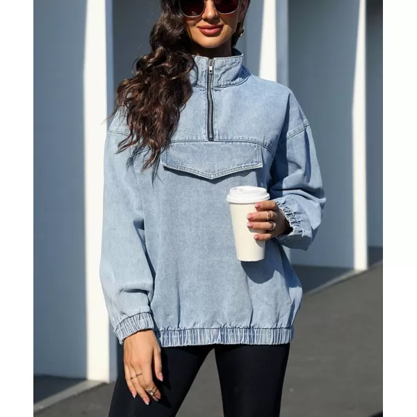 chouyatou Womens Fall Casual Half Zip Pullover Denim Sweatshirt Boyfriend Oversized Jean Jacket TopLight Blue