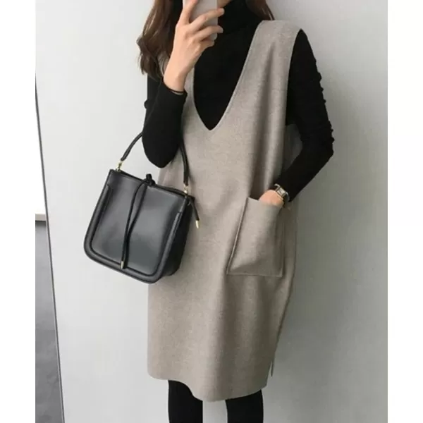 chouyatou Womens Long Wool Vest Sleeveless V Neck Wool Blend Midi Vest Dress with PocketsApricot Gray