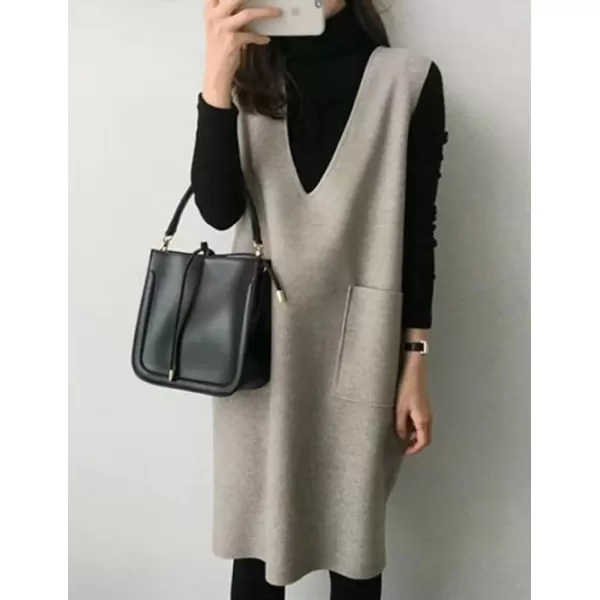 chouyatou Womens Long Wool Vest Sleeveless V Neck Wool Blend Midi Vest Dress with PocketsApricot Gray
