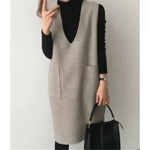 chouyatou Womens Long Wool Vest Sleeveless V Neck Wool Blend Midi Vest Dress with PocketsApricot Gray