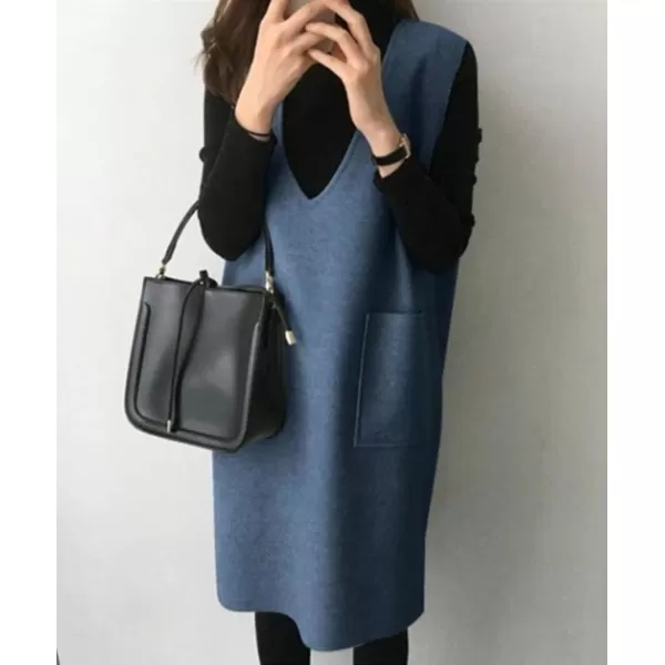 chouyatou Womens Long Wool Vest Sleeveless V Neck Wool Blend Midi Vest Dress with PocketsBlue
