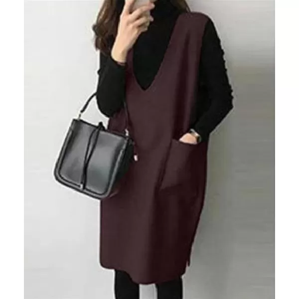 chouyatou Womens Long Wool Vest Sleeveless V Neck Wool Blend Midi Vest Dress with PocketsBrown Purple
