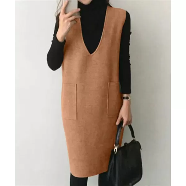 chouyatou Womens Long Wool Vest Sleeveless V Neck Wool Blend Midi Vest Dress with PocketsCaramel