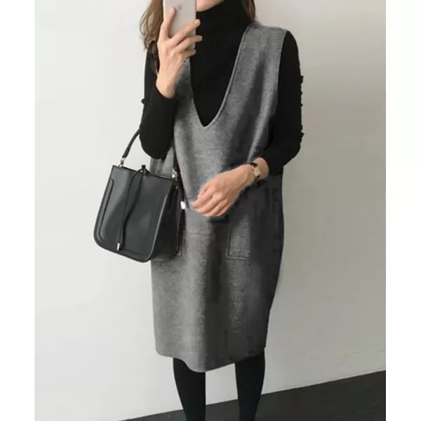 chouyatou Womens Long Wool Vest Sleeveless V Neck Wool Blend Midi Vest Dress with PocketsDark Gray