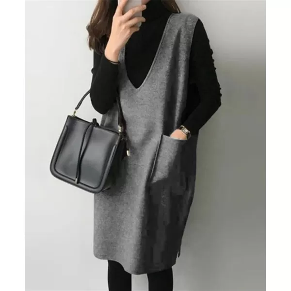 chouyatou Womens Long Wool Vest Sleeveless V Neck Wool Blend Midi Vest Dress with PocketsDark Gray