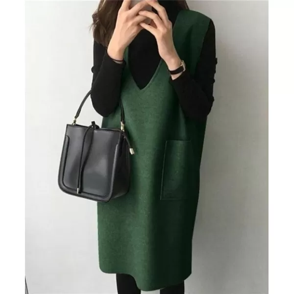 chouyatou Womens Long Wool Vest Sleeveless V Neck Wool Blend Midi Vest Dress with PocketsGreen