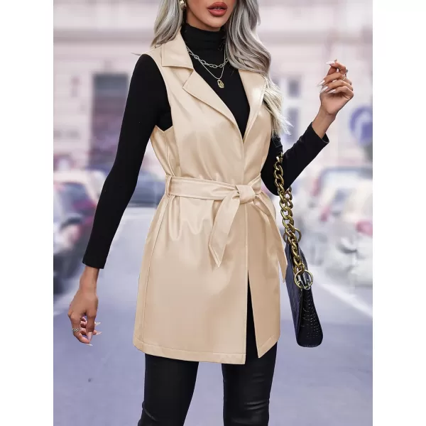 chouyatou Womens Notched Lapel Open Front Sleeveless Pu Faux Leather Vest Jacket with BeltApricot
